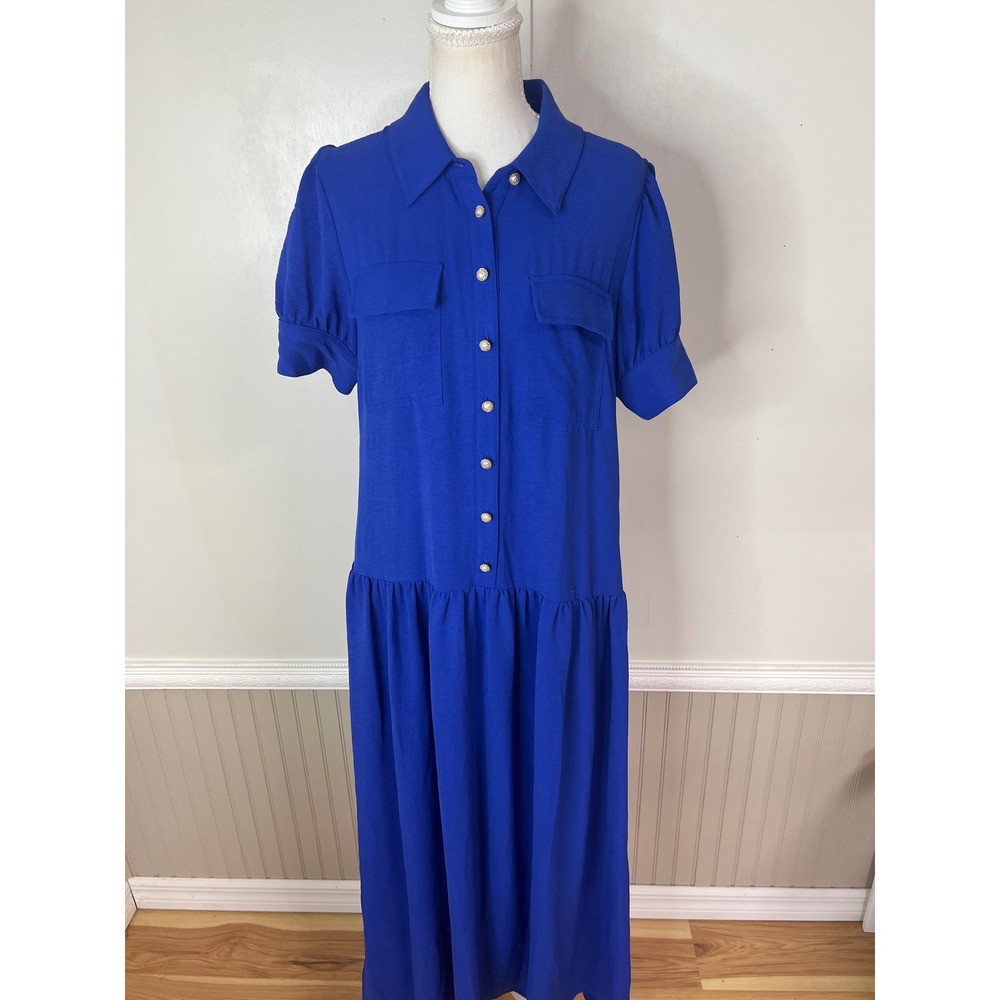 Karl Lagerfeld Paris Royal Blue Pearl Button Shirt Dress 8 NWOT